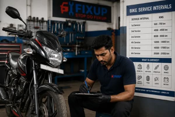 Mechanic servicing a black motorcycle at Fiixup workshop labeled ‘Bike Service Intervals’ with a detailed chart showing service intervals from 500 km to 21,000 km and checklist of engine oil, filters, brakes, chain, and battery for better performance and longer life.