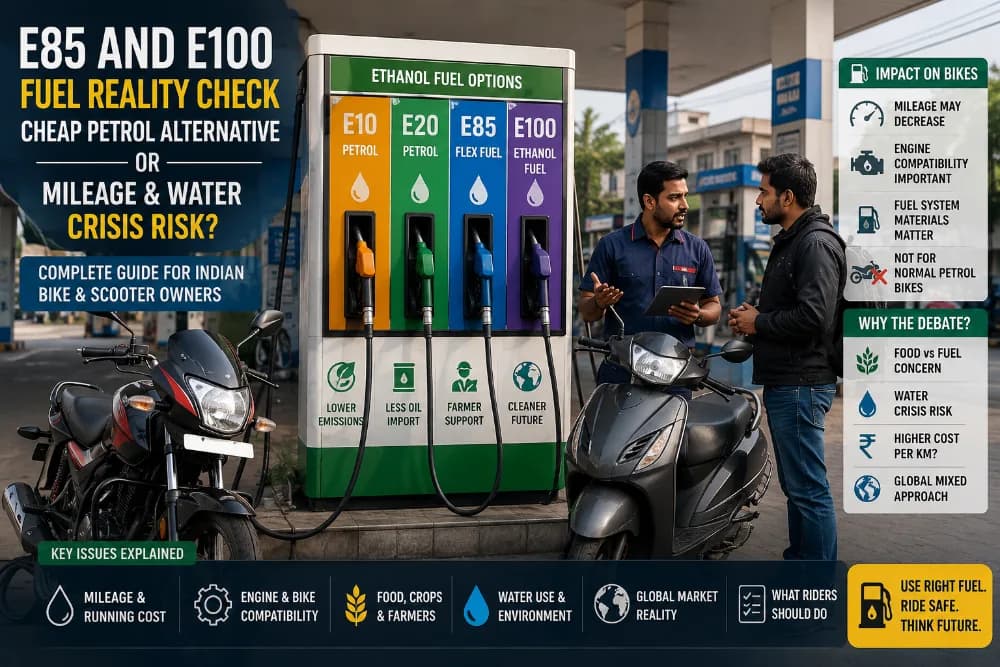 E85 and E100 Fuel Reality Check: Cheap Petrol Alternative or Mileage and Water Crisis Risk? E85 and E100 ethanol fuel impact on bikes in India